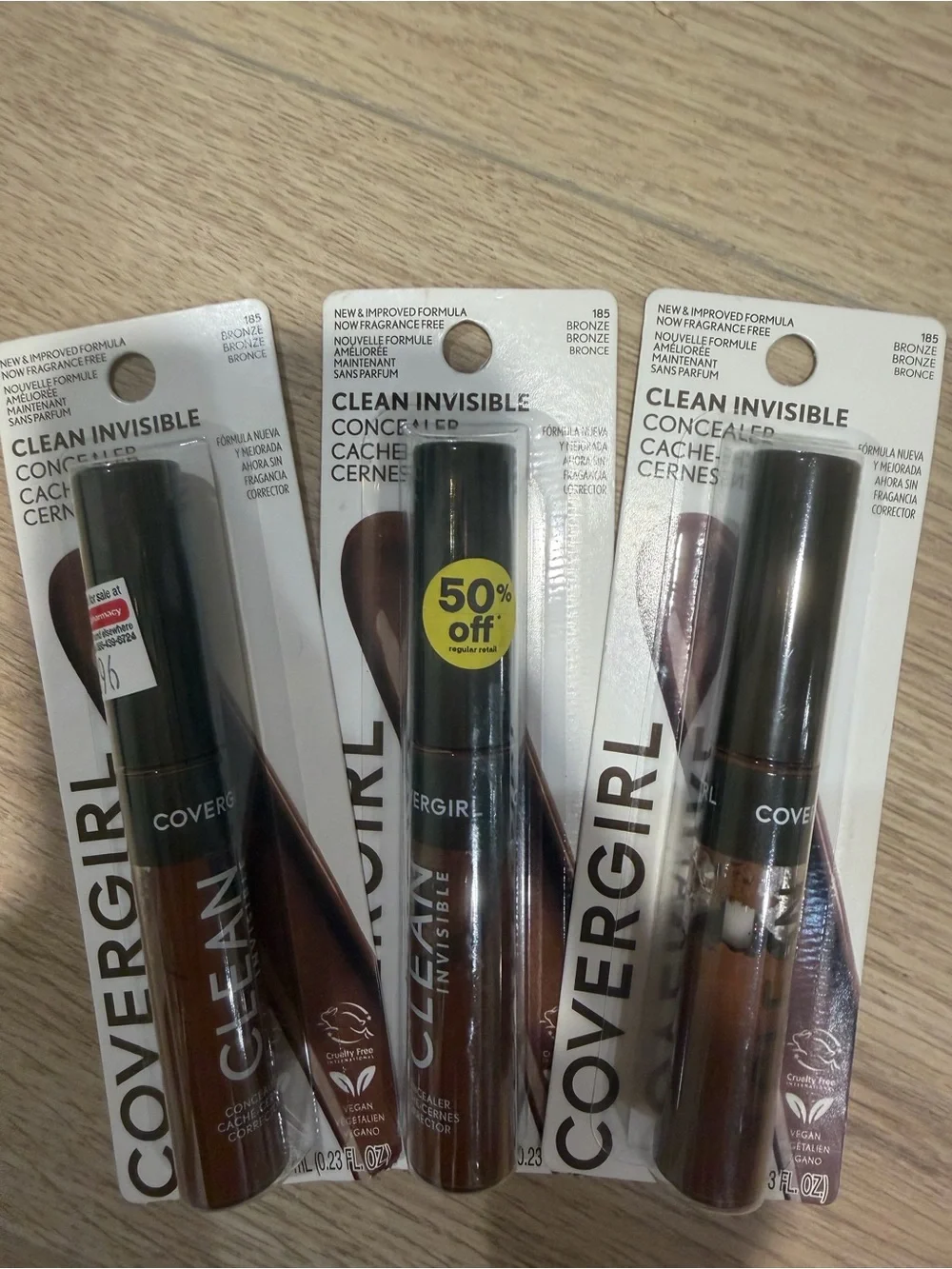 3x lot CoverGirl Clean Invisible Concealer in 185 Bronze Lightweight Creamy